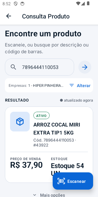 Consulta de produto no app Apollo, com preço de venda e estoque após a leitura do código de barras.