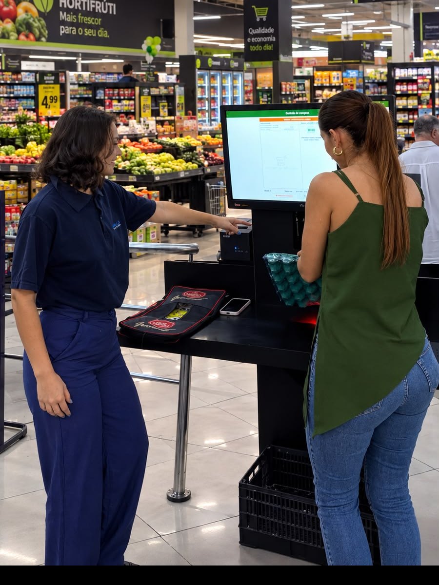 Profissional da Apollo acompanhando uma cliente no terminal de autoatendimento de um supermercado, apontando para o leitor de código de barras.